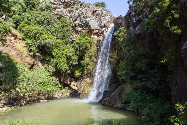 イスラエルのゴラン高原の山の隙間から冷たい透明な水で山のSaar滝が降ります — ストック写真