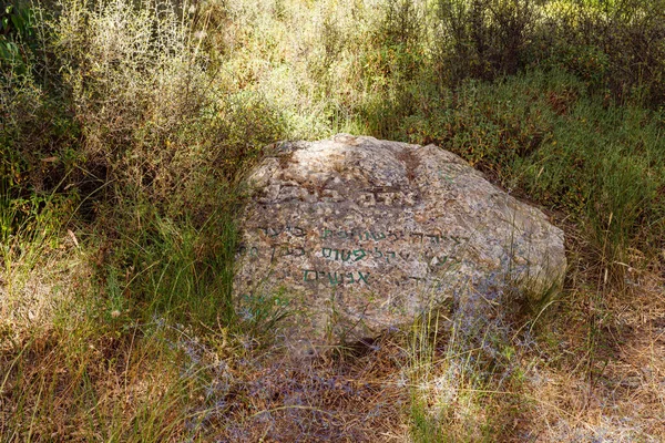 エルサレム イスラエル 2020年6月13日 ヘブライ語でエンボス加工された碑文を持つ石 人間と自然 ハール アダルとアブー ゴッホの集落の近くの森のトーテム公園で — ストック写真