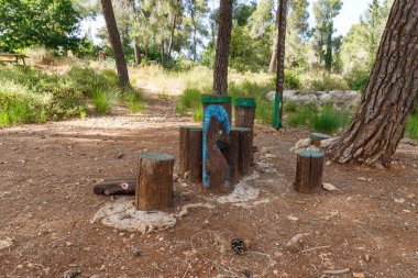 Kudüs, İsrail, 13 Haziran 2020 'de Har Adar ve Ebu Ghosh köylerinin yakınlarındaki Totem parkında üzerine bir hayvan oyulmuş ahşap bir kolon.