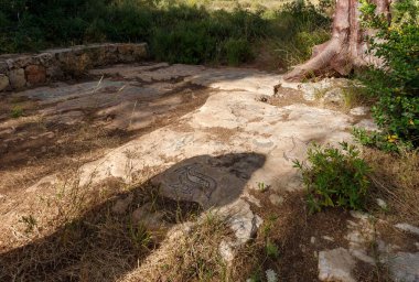 Kudüs, İsrail, 13 Haziran 2020: Har Adar ve Abu Ghosh köylerinin yakınlarındaki Totem parkında taşlar üzerinde mozaik