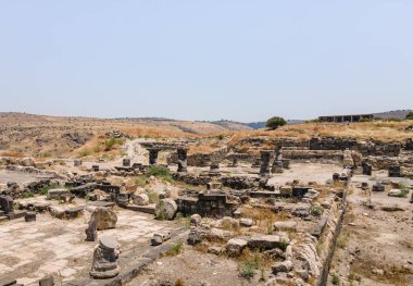 Yunan-Roma kenti Hippus 'un kalıntılarının havadan görünüşü - Susita, İsrail' in kuzeyindeki Golan Tepeleri 'nde, Celile Denizi' nde yer almaktadır.