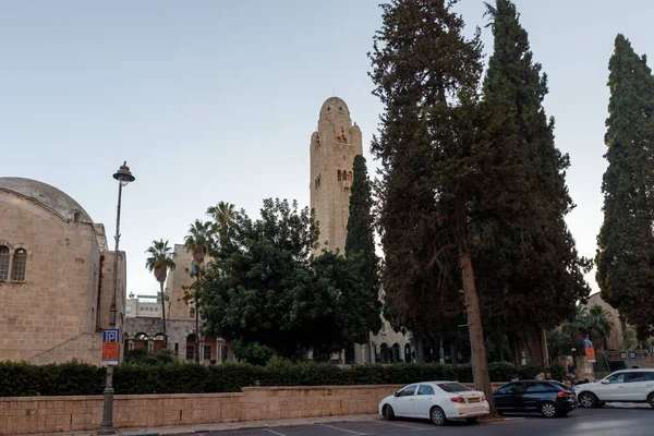 以色列耶路撒冷 2020年6月13日 耶路撒冷国际基督教青年会和国际基督复临安息日会的建筑在以色列耶路撒冷的夕阳西下 — 图库照片
