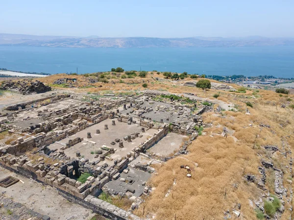 Aerial view to the ruins of the Greek - Roman city Hippus - Susita located on the hill on the Golan Heights in northern Israel on the Sea of Galilee