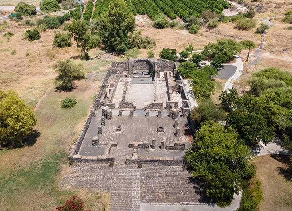 Aerial view to the ruins of Kursi - a large Byzantine 8th-century monastery in which Jesus Christ performed miracles on the shores of Lake Tiberias, on the Golan Heights.