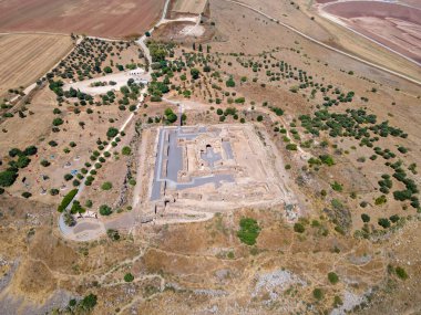 Afula, Israel, July 18, 2020 : Aerial view to the ruins of the great Hospitaller fortress - Belvoir - Jordan Star - located on a hill above the Jordan Valley in Israel clipart