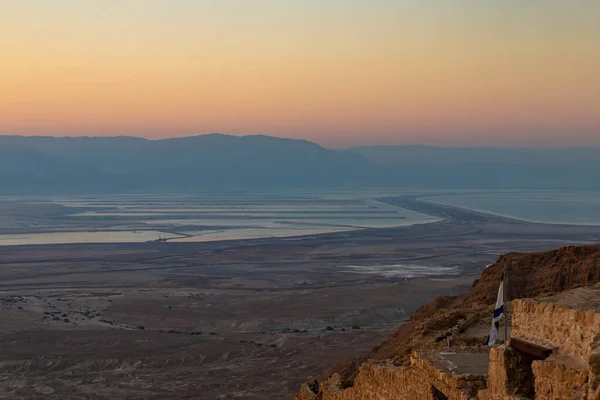 Amanhecer Sobre Montanhas Jordânia Mar Morto Vista Território Das Ruínas — Fotografia de Stock