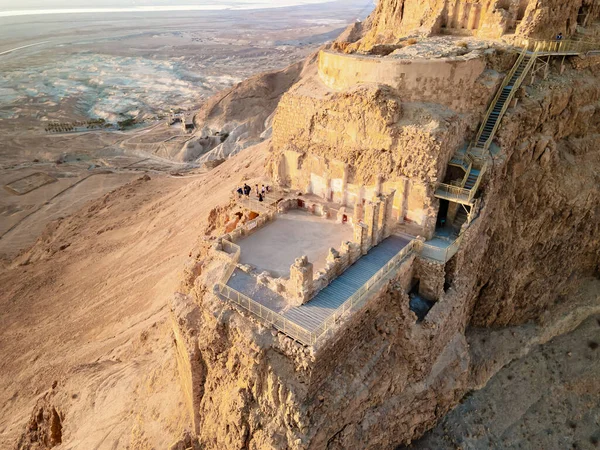 Aerial View Ruins Massada Fortress Built Herod Great Cliff Top — Stock Photo, Image