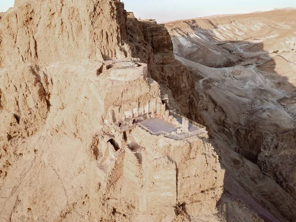 Vista Aérea Das Ruínas Massada Uma Fortaleza Construída Por Herodes — Fotografia de Stock