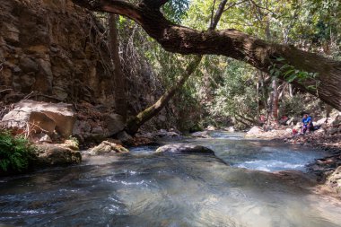 Qiryat Shemona, İsrail, 12 Eylül 2020: Turistler İsrail 'in kuzeyindeki Golan Tepeleri' ndeki Hermon Nehri 'nin soğuk sularında dinleniyorlar