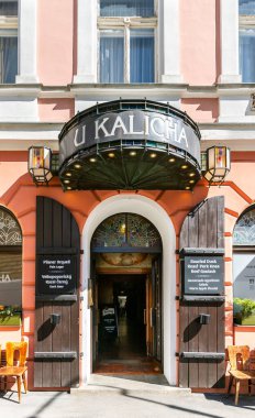 Prague, Czech Republic, May 14, 2024 : The entrance to the restaurant U Kalicha Shveik in Pragues Old Town in Czech Republic