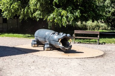 Prague, Czech Republic, May 15, 2024 : Childrens labyrinth in form of hippo on site in Prague Zoo in Czech Republic