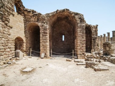 Partially preserved ruins of Acropolis city fortress in the Lindos city the Rhodes island in the Greece