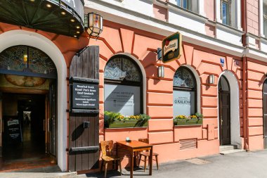 Prague, Czech Republic, May 14, 2024 : The main fasade of restaurant U Kalicha Shveik in Pragues Old Town in Czech Republic