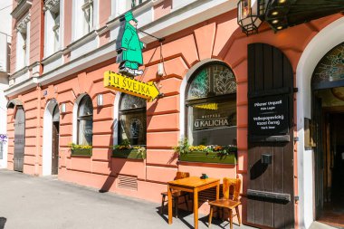 Prague, Czech Republic, May 14, 2024 : The main fasade of the restaurant U Kalicha Shveik in Pragues Old Town in Czech Republic