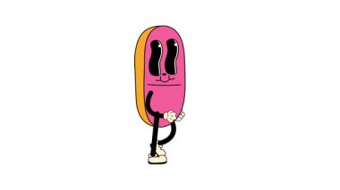 Vintage Cartoon Character with Groovy Pill Design. Walking Loop Animation. Alpha channel transparency