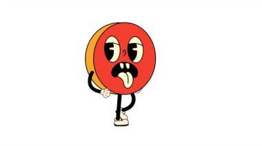 A vibrant retro pill character created in a colorful and playful cartoon style, with walking loop animation and alpha channel transparency.
