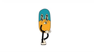 Psychedelic Retro Pill Cartoon Character. Walking Loop Animation. Alpha channel transparency