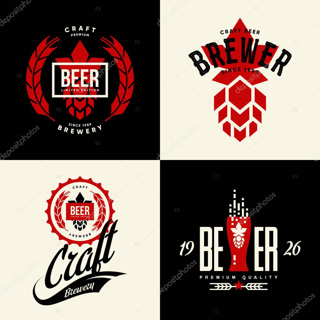Modern craft beer drink vector isolated logo sign for bar, pub, brewery or brewhouse. Premium quality bottle logotype tee print badge illustration. Brewing fest fashion t-shirt emblem design set.