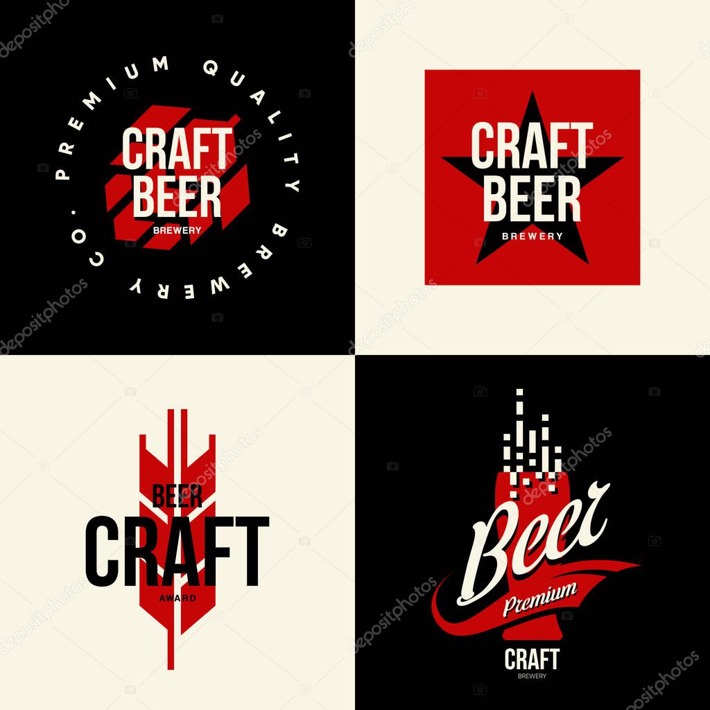 Modern craft beer drink vector isolated logo sign for bar, pub, brewery or brewhouse. Premium quality organic logotype tee print badge illustration. Brewing fest fashion t-shirt emblem design set.