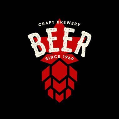 Modern zanaat bira içecek vektör logo işareti için bar, pub veya lokali, koyu arka plan üzerinde izole. Premium Kalite hop logo tee baskı rozet illüstrasyon. Bira Festivali moda t-shirt amblem tasarımı.