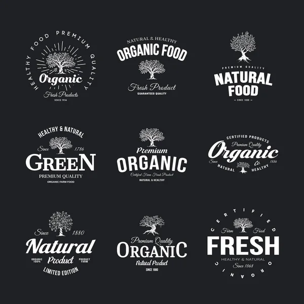 Set Emblemas Retro Alimentos Frescos Orgánicos Naturales Saludables Granja Planta — Vector de stock