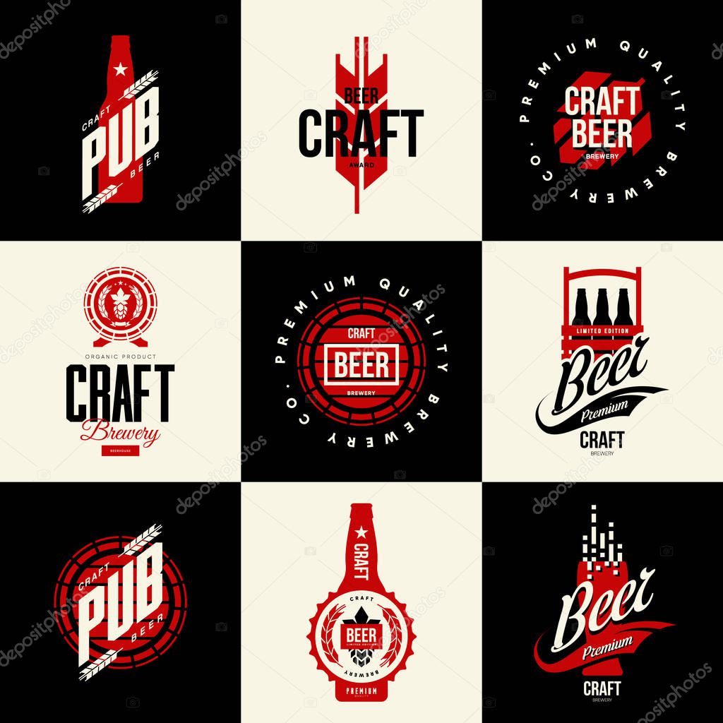 Modern isolated craft beer drink vector logo sign for bar, pub, brewery or brewhouse.Premium quality bottle, star and hop logotype tee print illustration. Brewing fest fashion emblem sign design set.