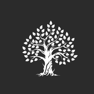 Koyu arka plan üzerinde izole organik doğal ve sağlıklı zeytin ağacı siluet logosunu görmeniz gerekir. Modern vektör yeşil bitki simgesini işaret sanat tasarım. Premium kalite petrol ürün logo düz amblemi illüstrasyon.