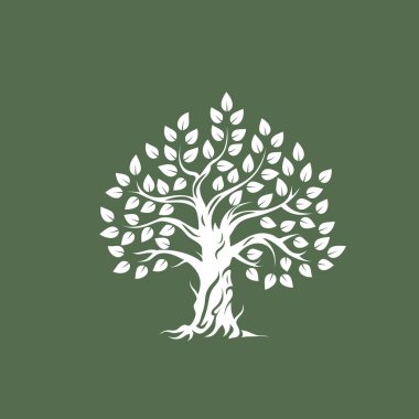 Yeşil arka plan üzerinde izole organik doğal ve sağlıklı zeytin ağacı siluet logosunu görmeniz gerekir. Modern vektör yeşil bitki simgesini işaret sanat tasarım. Premium kalite petrol ürün logo düz amblemi illüstrasyon.