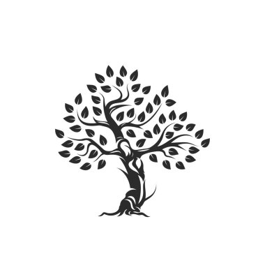 Beyaz arka plan üzerinde izole organik doğal ve sağlıklı zeytin ağacı siluet logosunu görmeniz gerekir. Modern vektör yeşil bitki simgesini işaret sanat tasarım. Premium kalite petrol ürün logo düz amblemi illüstrasyon.