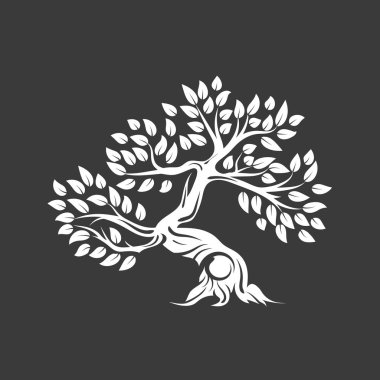 Koyu arka plan üzerinde izole organik doğal ve sağlıklı zeytin ağacı siluet logosunu görmeniz gerekir. Modern vektör yeşil bitki simgesini işaret sanat tasarım. Premium kalite petrol ürün logo düz amblemi illüstrasyon.