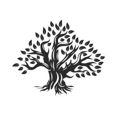 Beyaz arka plan üzerinde izole organik doğal ve sağlıklı zeytin ağacı siluet logosunu görmeniz gerekir. Modern vektör yeşil bitki simgesini işaret sanat tasarım. Premium kalite petrol ürün logo düz amblemi illüstrasyon.