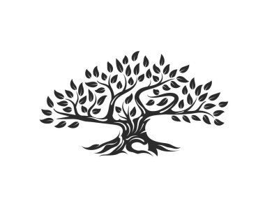 Beyaz arka plan üzerinde izole organik doğal ve sağlıklı zeytin ağacı siluet logosunu görmeniz gerekir. Modern vektör yeşil bitki simgesini işaret sanat tasarım. Premium kalite petrol ürün logo düz amblemi illüstrasyon.