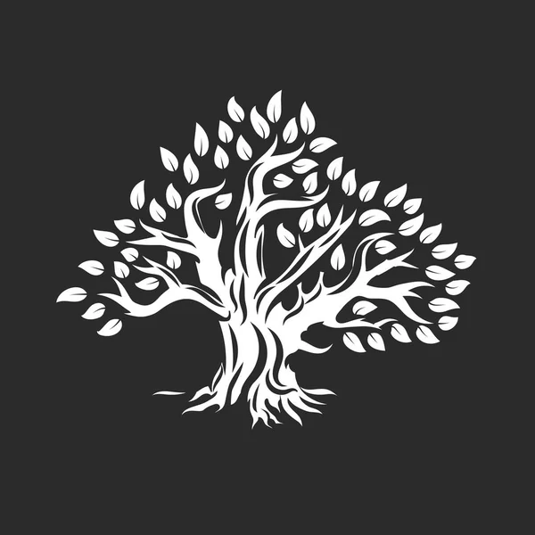 有機自然と健康なオリーブの木シルエットのロゴが暗い背景に分離されました 現代ベクトル緑色植物アイコン記号デザインのアートワーク プレミアム品質石油製品ロゴタイプ フラット エンブレムのイラスト — ストックベクタ