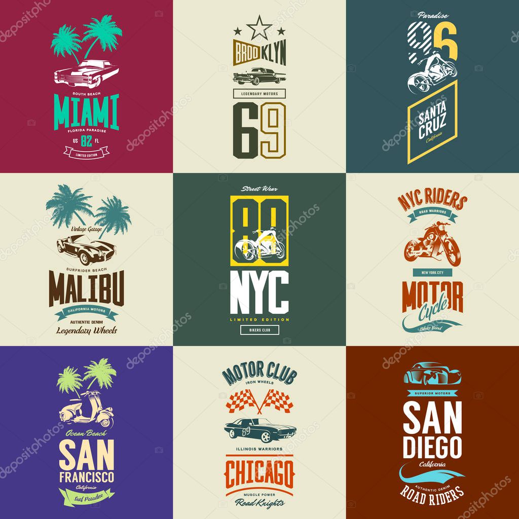 Vintage motorcycle, moped, muscle, roadster and classic car vector t-shirt logo isolated set. Premium quality auto logotype tee-shirt illustration. Vehicle street wear retro hipster tee print design.
