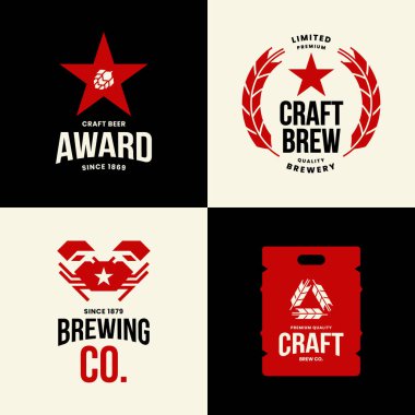 Modern zanaat bira içecek izole vektör logo işareti için bar, pub, mağaza, brewhouse ya da bira. Premium kaliteli Yengeç, star ve fıçı logo illüstrasyon seti. Bira Festivali tişört rozet tasarım paketi.