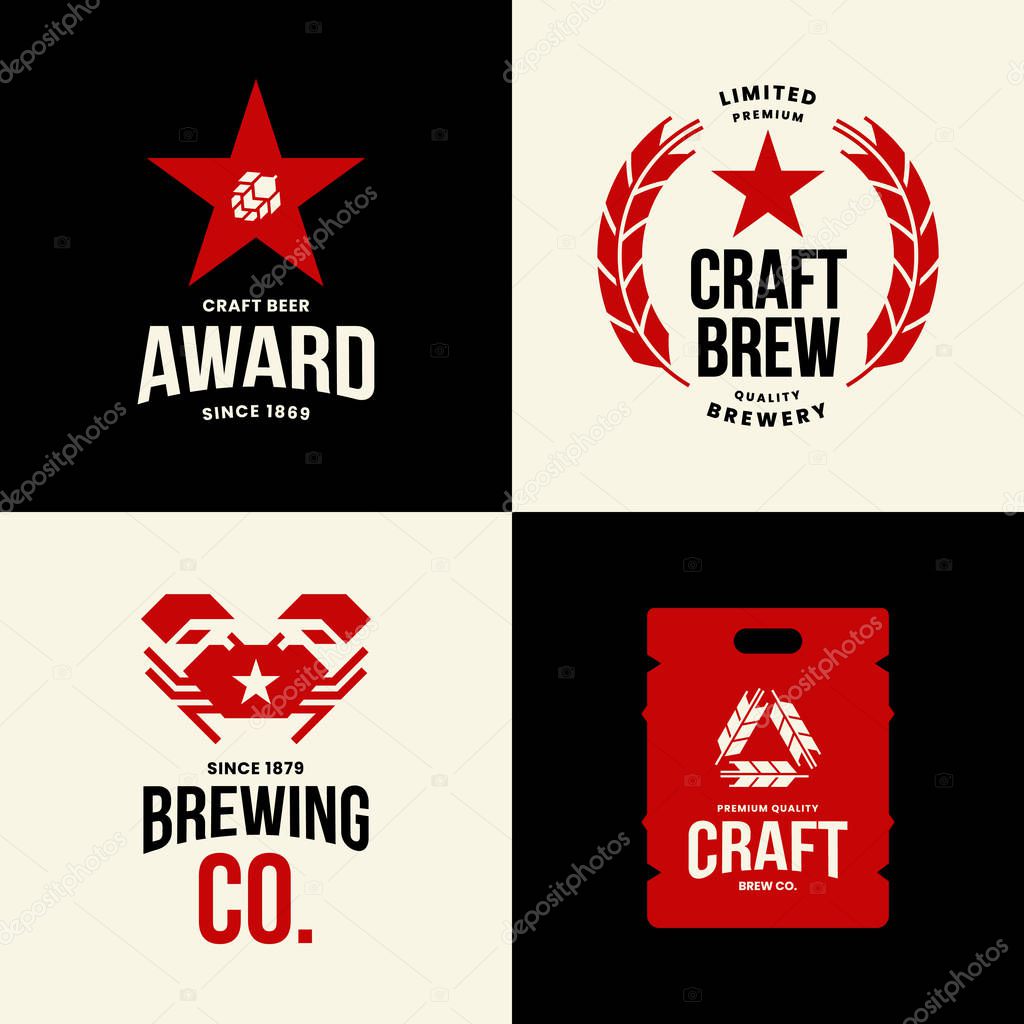 Modern craft beer drink isolated vector logo sign for bar, pub, store, brewhouse or brewery. Premium quality crab, star and keg logotype illustration set. Brewing fest t-shirt badge design bundle.