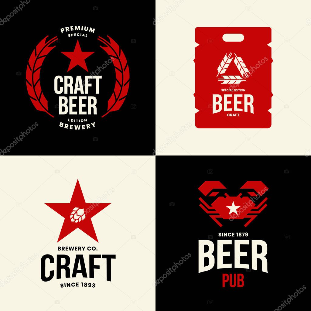 Modern craft beer drink isolated vector logo sign for bar, pub, store, brewhouse or brewery. Premium quality crab, star and keg logotype illustration set. Brewing fest t-shirt badge design bundle.