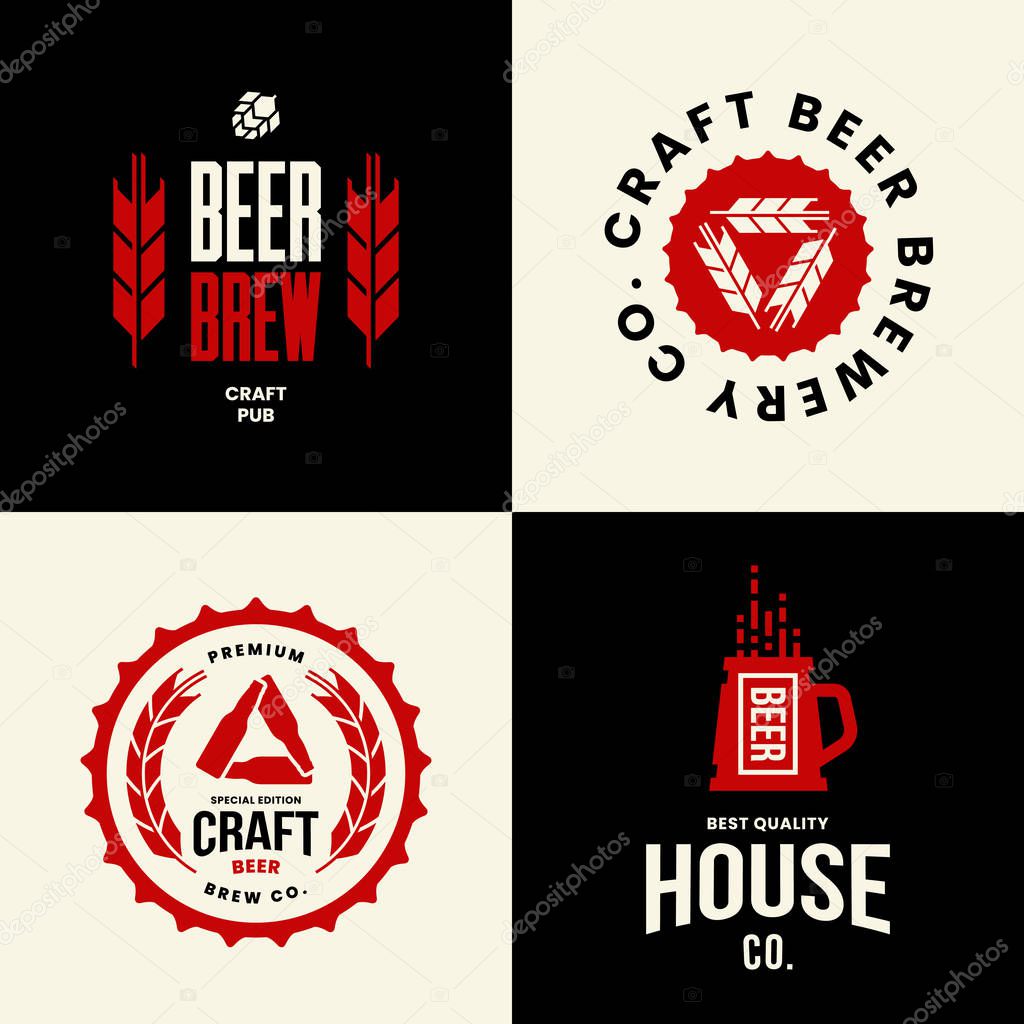 Modern craft beer drink isolated vector logo sign for bar, pub, store, brewhouse or brewery.Premium quality mug and bottle logotype emblem illustration set. Brewing fest t-shirt badge design bundle.
