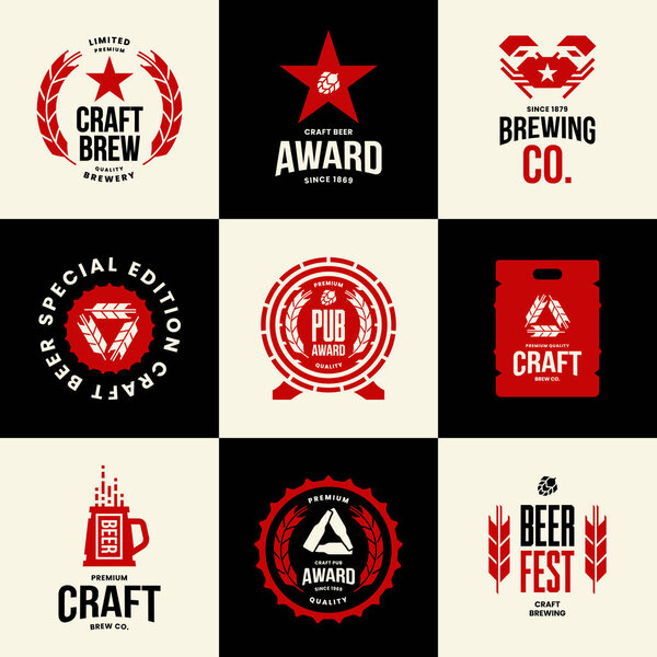 Modern craft beer drink isolated vector logo sign for bar, pub, store, brewhouse or brewery.Premium quality mug, barrel, keg logotype emblem illustration set. Brewing fest t-shirt badge design bundle.