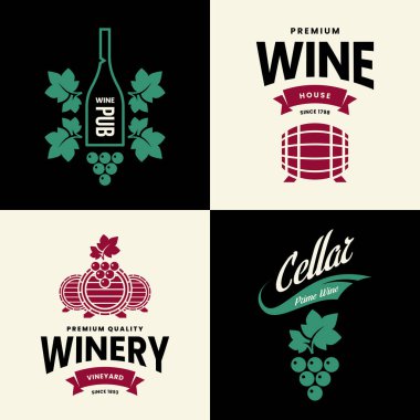 İzole Modern şarap vektör logo toplama lokali, Restoran, ev, Dükkanı, mağaza, kulüp ve Bodrum için. Premium Kalite dedikodu logo illüstrasyon ayarlayın. Moda marka rozet tasarım şablon paketi.
