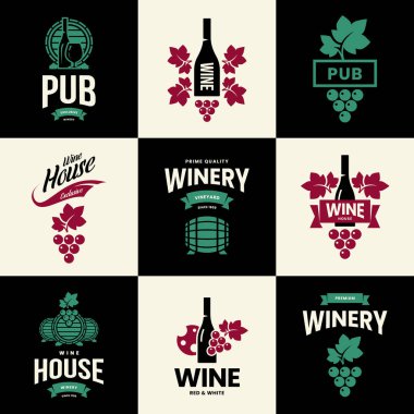 İzole Modern şarap vektör logo toplama lokali, Restoran, ev, Dükkanı, mağaza, kulüp ve Bodrum için. Premium Kalite dedikodu logo illüstrasyon ayarlayın. Moda marka rozet tasarım şablon paketi.