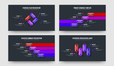 Reklam Raporu 4 Element Bilgi Slayt Gösterisi Şablonu Ayarlandı. Enterprise Planlama Dört Seçenekli Diyagram Kaydırma Düzeni Vektör Çizim Paketi.