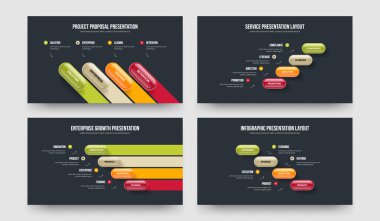Şirket Raporu 4 Basamaklı Slayt Gösterisi Tasarımı Ayarlandı. Görsel Teklif Dört Element Diyagramı Çerçeve Düzeni Vektör Resimleme Paketi.