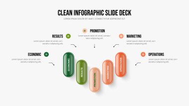 Yatırımcı Performansı 5 Element Bilgi Slayt Gösterisi Şablonu. Modern Hava Tahmini Sunum Düzeni Vektör İllüstrasyonu. Pazarlama Giriş Beş Seçenek Diyagram Slayt Tasarımı.