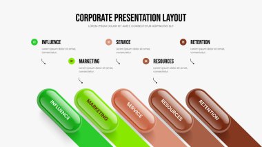 Piyasa Analizi Beş Element Bilgi Slayt Gösterisi Şablonu. Şirket Hava Durumu 5 Seçenek Diyagramı Sunum Tasarımı. Modern Genel Görünüm Slayt Düzeni Vektör İllüstrasyonu.