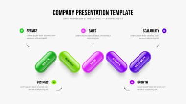 Şirket Slayt Gösterisi Düzeni Vektör İllüstrasyonu. Pazarlama Tahminleri Beş Seçenek Sunum Şablonu. Yaratıcı Rapor 5 Element Bilgi Kaydırma Tasarımı.