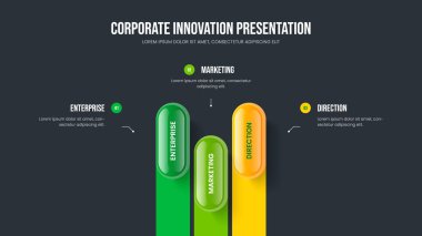 Şirket Slayt Gösterisi Tasarım Vektörü İllüstrasyonu. Şirket Genel Görünümü 3 Element Bilgi Kaydırma Şablonu. Modern Profil Üç Seçenek Diyagramı Sunum Düzeni.