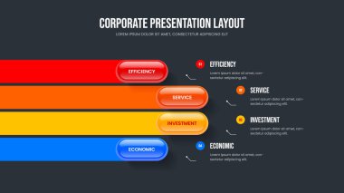 Finansal İnceleme Dört Element Slayt Gösterisi Tasarımı. Pazarlama Büyümesi 4 Adım Diyagram Sunum Şablonu. Ürün İçgörü Çerçeve Düzeni Vektör İllüstrasyonu.