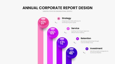 Piyasa Tanıtımı 4 Seçenek Diyagram Düzenleme. Atılgan 'ın Dört Basamaklı Bilgi Kaydırma Şablonu Planlaması. Yatırımcı Genel Bakış Sunum Tasarım Vektörü İllüstrasyonu.