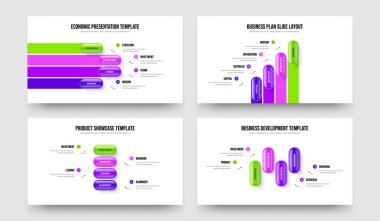 Business Growth Four Option Diyagram Slayt Tasarım Vektörü Çizim Koleksiyonu. Finansal Performans 4 Element Bilgi Çerçeve Düzeni Ayarları.